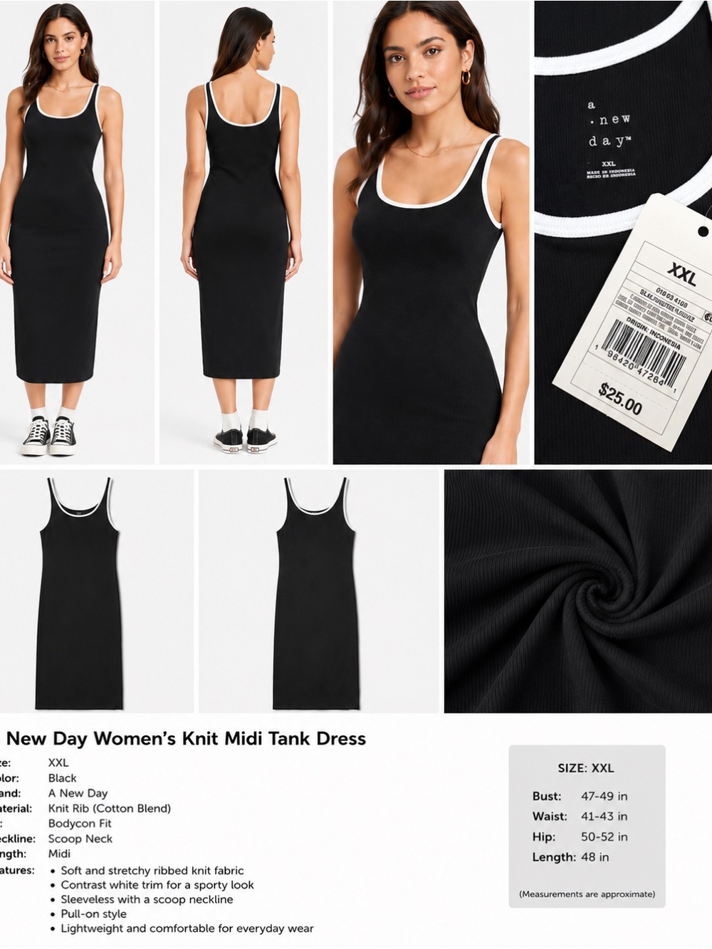 a new day Black Ribbed Midi Tank Dress with White Trim